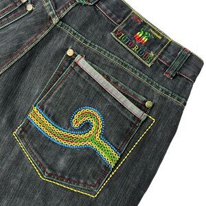 VTG 90s Y2K VICTORIOUS Colorful Embroidered Black Denim Shorts Men Size 40 (B1)
